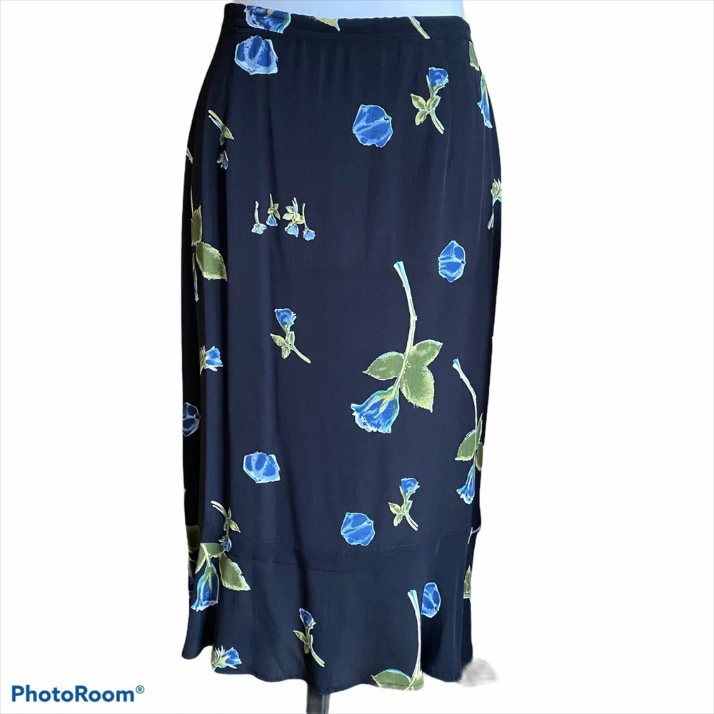 Vintage Boho Black Floral Print Peplum Column Midi Pencil Skirt Size 10 EUC